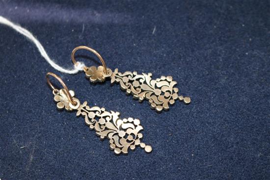 A pair of early 20th century Indian? yellow and white metal, rosecut diamond set drop earrings, 46mm.